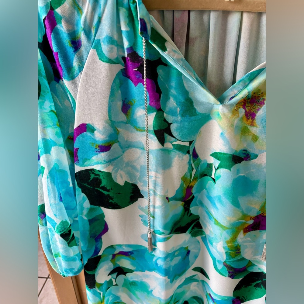 Calvin Klein Women's Floral Blouse - Teal and Purple, L - Picture 4 of 5